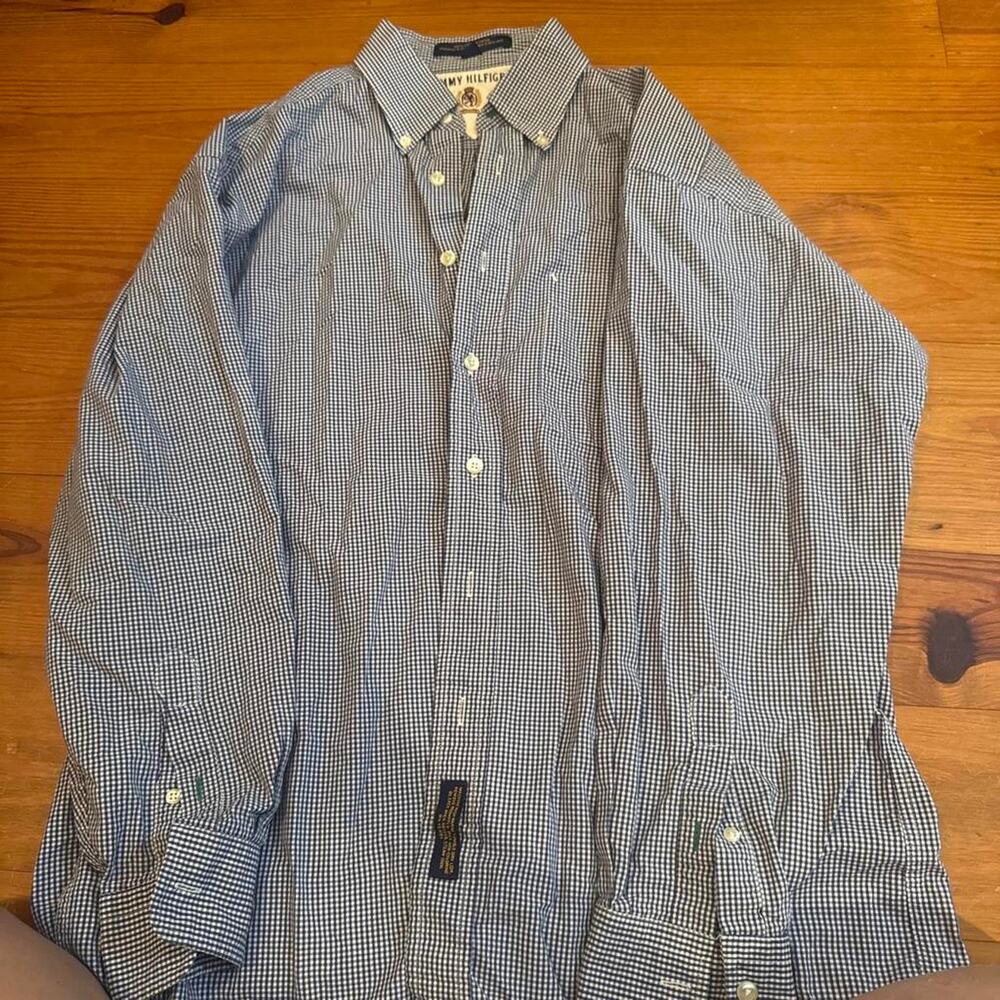 Vintage Tommy Hilfiger Crest Label Blue Gingham Shirt 15.5 33